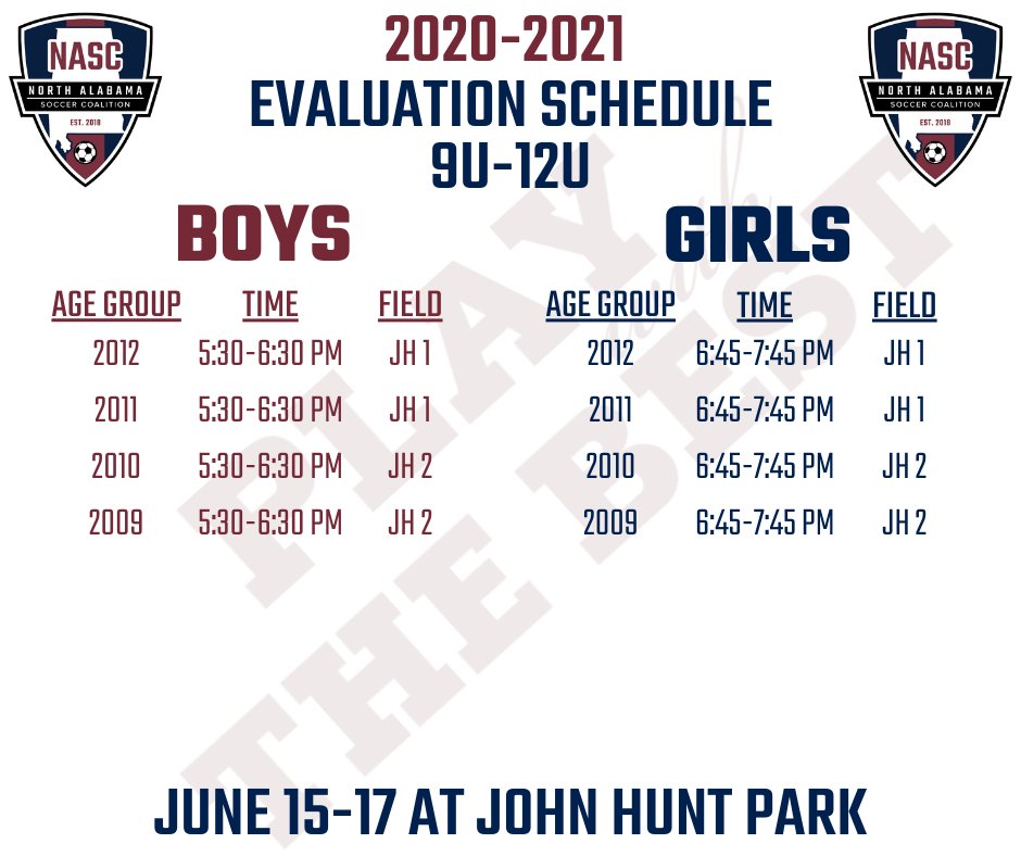 northalabamasc's tweet photo. 📢 North Alabama SC ⚽️ Tryout &amp; Evaluation schedules for 9U-19U age groups are now posted. All sessions will be held at John Hunt Park. View the schedules and register for Tryouts &amp; Evaluations at https://t.co/fzgfBwrpg4!

#playwiththebest
#nascissoccerstrong https://t.co/yGJdGWTpBW