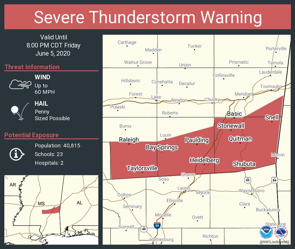 Severe Thunderstorm Warning including Quitman MS, Bay Springs MS