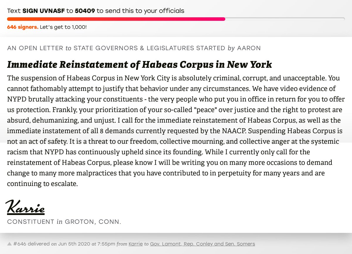 openletterbot's tweet photo. 🖋 Sign “Immediate Reinstatement of Habeas Corpus in New York” and I’ll deliver a copy to your officials: https://t.co/MjpEFz4Dbe

📨 Last delivered from Karrie to @NedLamont, Representative Conley and Senator Somers  #CTpolitics https://t.co/Ktlae8NzGF