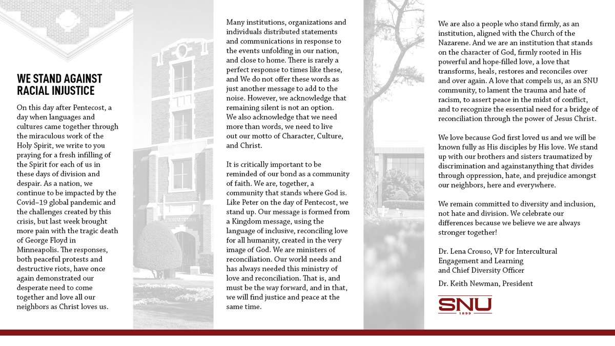 We sent this message to our students on June 1st and now we send it to you.

We remain committed to diversity and inclusion, not hate and division. We celebrate our differences because we believe we are always stronger together!

#WeStandUp #SNUStrongerTogether