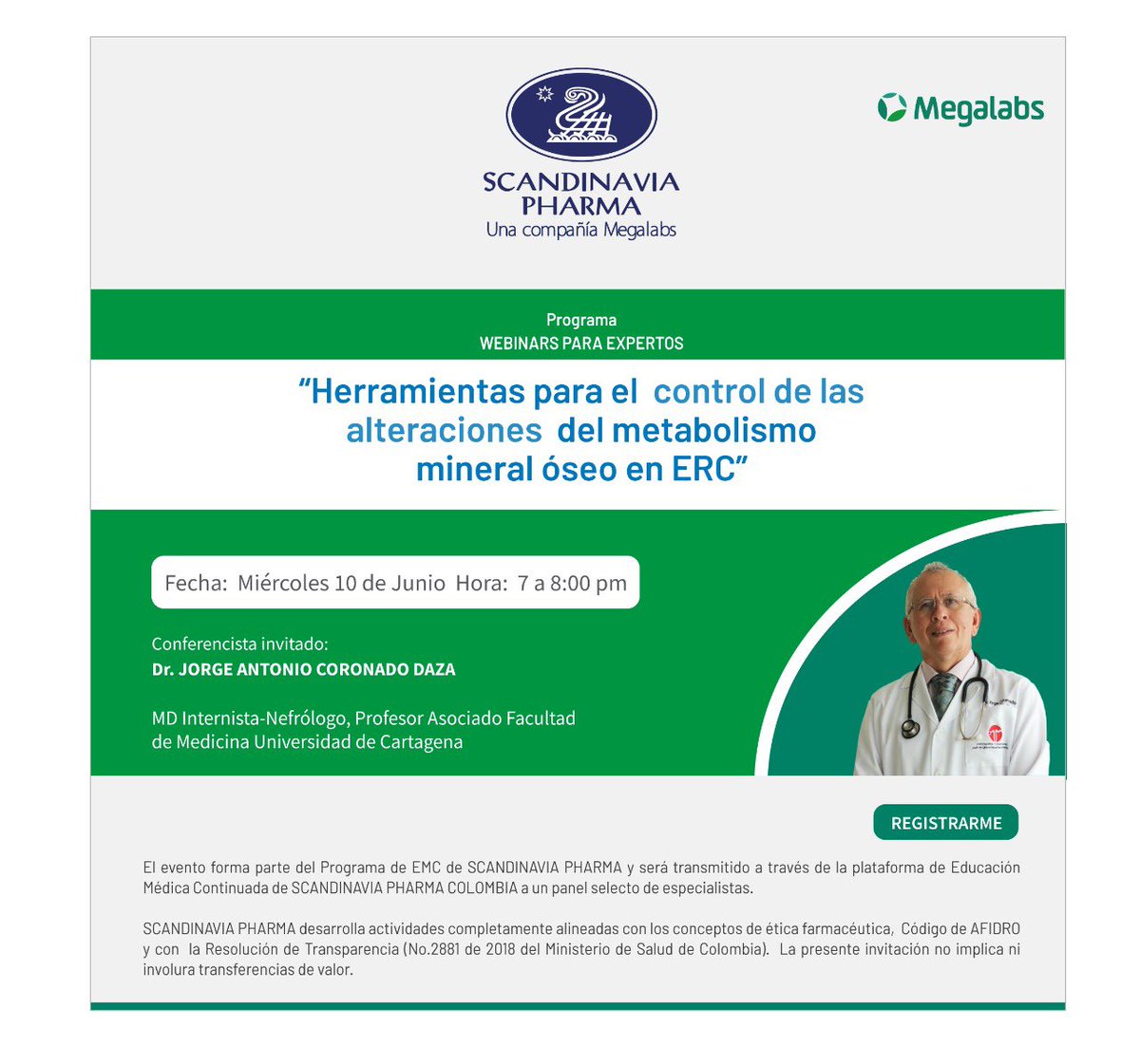 No te pierdas el próximo miércoles 10 de junio el webinar 🖥
Herramientas para el control de las alteraciones del metabolismo mineral óseo en ERC con el Dr. Jorge Antonio Coronado Daza. 

Hora: 7:00pm a 8:00pm 
¡Conéctate!