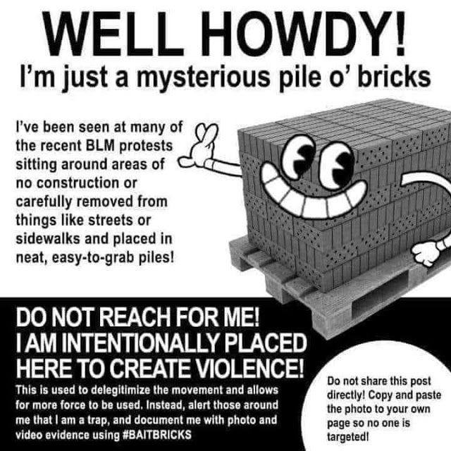mythmanjay's tweet photo. #BaitBricks: Racist Trap to Excuse More Police Violence? @Distractify explains, but just know that--if you (@BLkLivesMatter #BLM @osopepatriss @opalayo @aliciagarza) see #Bricks--THEY ARE NOT YOURS! https://t.co/KpTsyO9C1r https://t.co/PKlqtJ9ScW