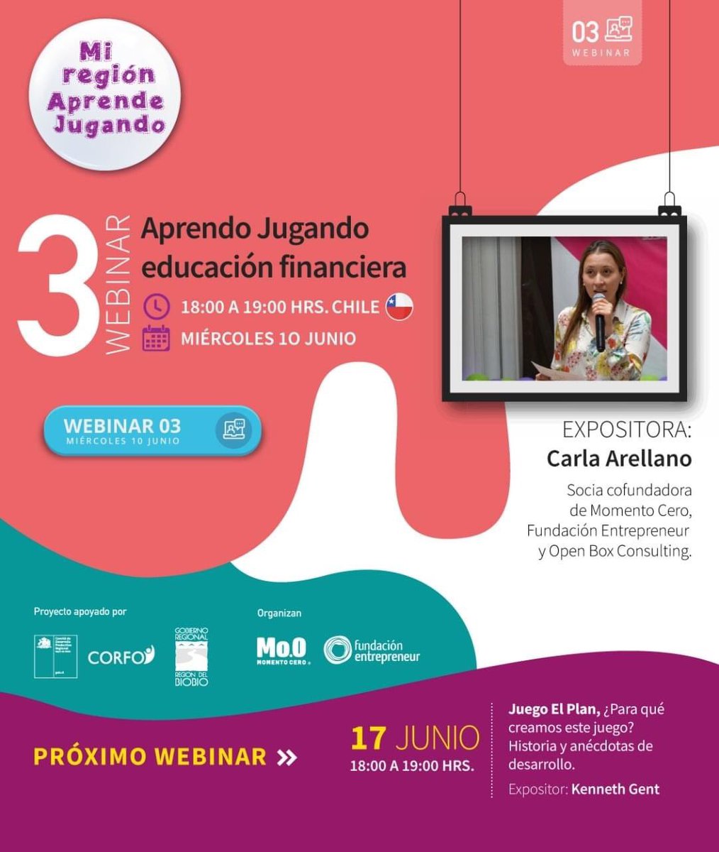 Vuelven nuestros webinars!

<a href="/carlaarellanog/">Maria Carla Arellano</a> nos hablará sobre la importancia de la educación financiera y cómo está se puede aprender de una manera fácil y entretenida. 

Te esperamos el 10 de junio a las 18:00hrs

Inscríbete aquí: us02web.zoom.us/webinar/regist…

<a href="/Corfo/">Corfo</a> <a href="/fomentobiobio/">Corfo Biobío</a>