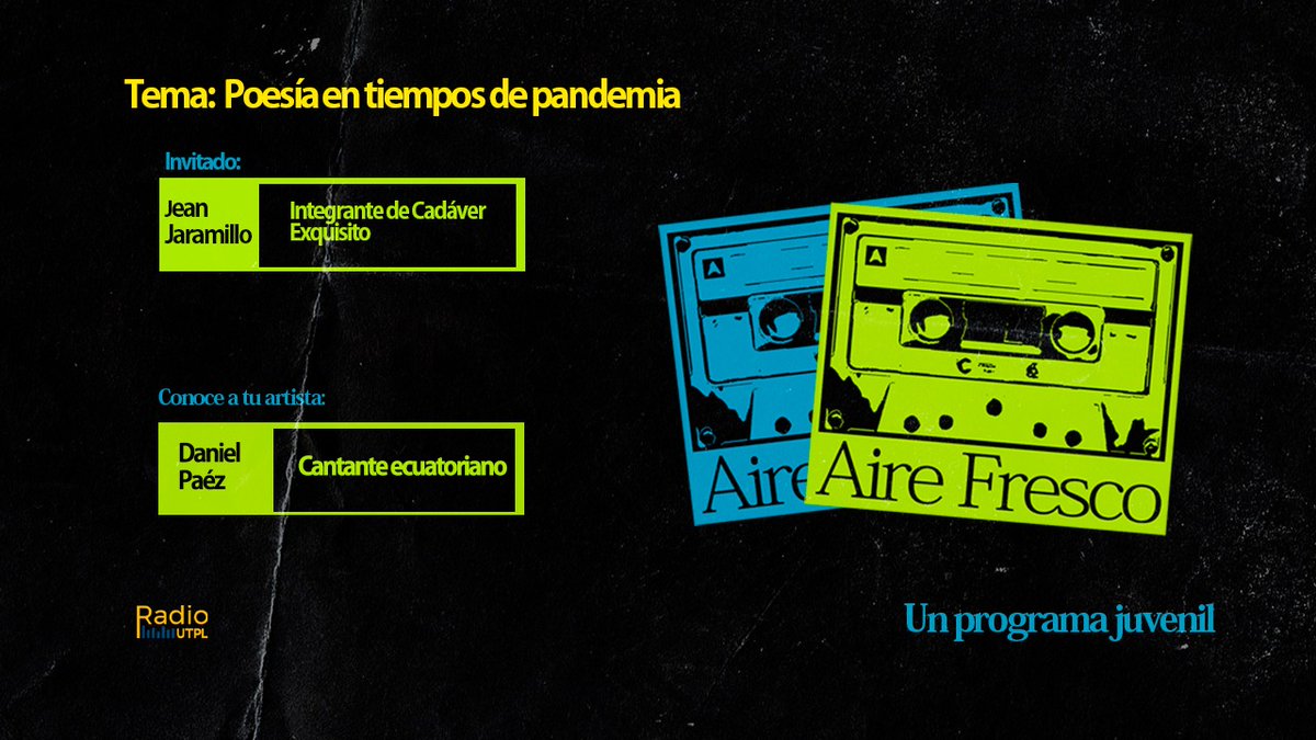 📍En Vivo| Este sábado en #AireFresco hablaremos sobre poesía en tiempos de pandemia junto Jean Jaramillo y  nuestro artista <a href="/DANIELPAEZMusic/">Daniel Paez</a> nos hablará sobre su trayectoria musical, bajo la conducción de estudiantes de <a href="/ComUTPL/">Carrera de Comunicación UTPL</a>
⏲️17h00
➡️bit.ly/3eJpo8b
¡Imperdible! 📻