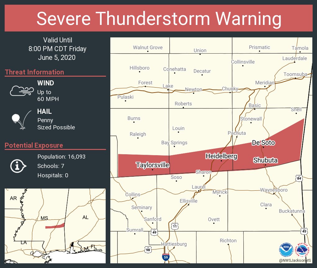 Severe Thunderstorm Warning continues for Taylorsville MS, Heidelberg