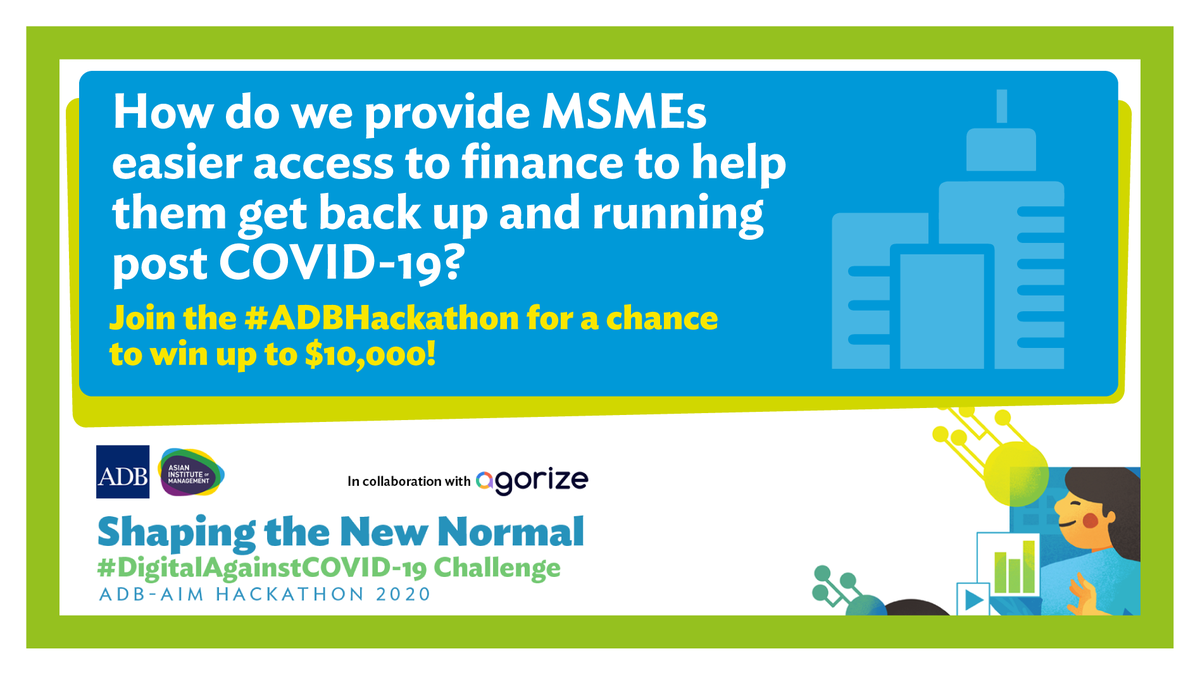 ADB_HQ's tweet image. Micro, small and medium-sized businesses have been hit hard by #COVID19. How can we help MSMEs unlock sources of capital and gain access to finance to thrive again after the crisis?

Join the #ADBHackathon MSME Challenge! Deadline on 30 June 2020.

 👉 challenges.adb.org