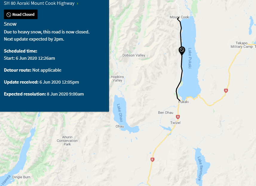 nztacwc's tweet photo. SH80 AORAKI MOUNT COOK, CANTERBURY - SNOW - 12:20PM
Due to heavy snow, the road is now closed. Please avoid the area and delay your journey if possible. ^AP https://t.co/X4jIygZ0pO