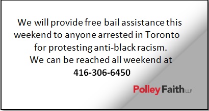 We will provide free bail assistance this weekend to anyone arrested in Toronto for protesting anti-black racism. We can be reached all weekend at 416-306-6450.