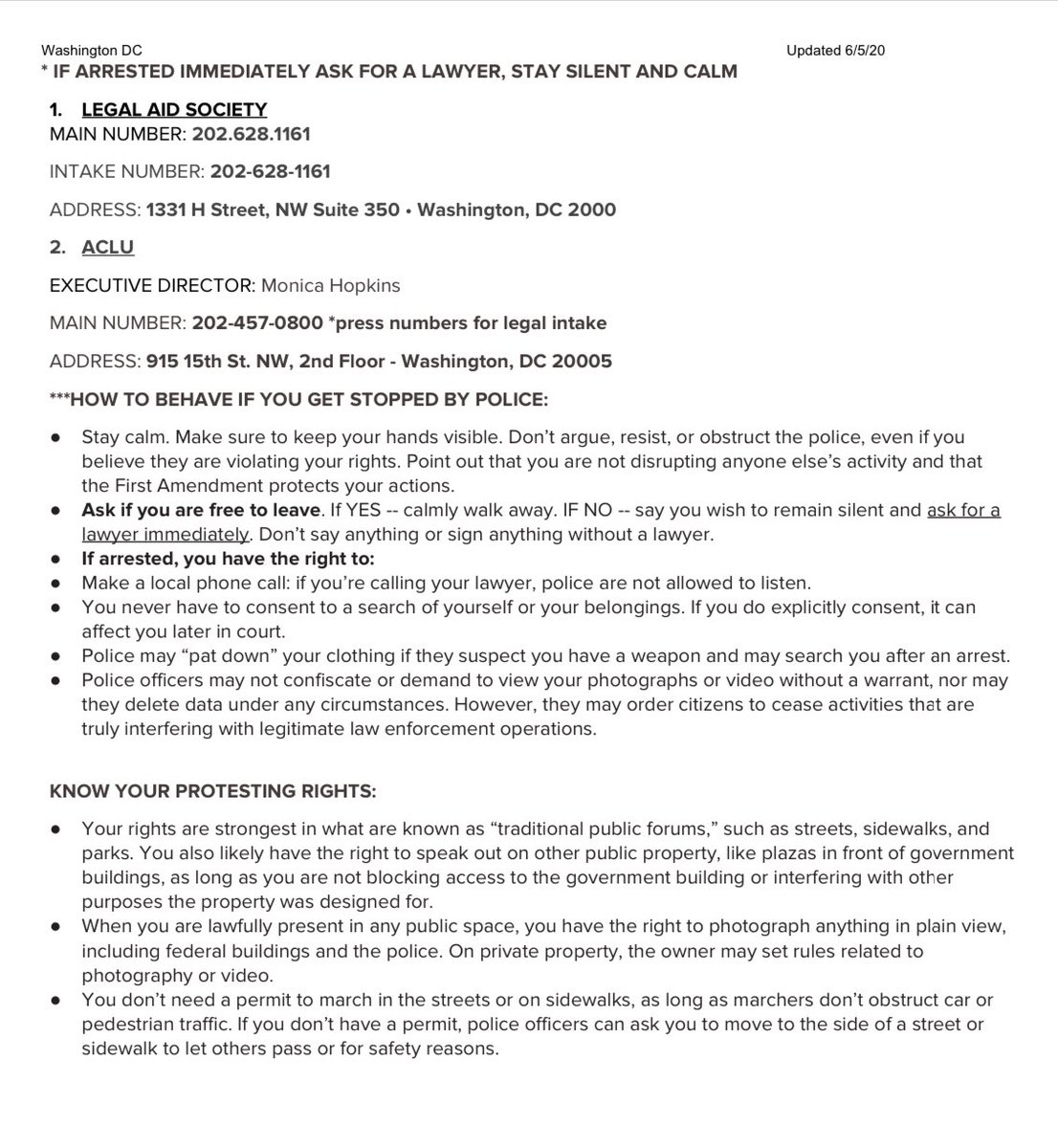 civicallyblonde's tweet photo. Know your rights for protests this weekend. DC and NYC info attached to screenshot and share. All info confirmed and reviewed by lawyers @DMVBlackLives @DCist @FFDC2020 @ACLU_DC @PoPville #DCProtests #NYCPROTESTS https://t.co/Zf3eIZ1P1o