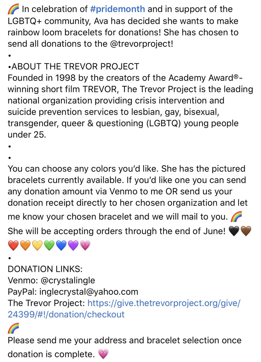 wanderlustsix's tweet photo. Ava is making 🌈🌈 loom bracelets for donations to her chosen organization @TrevorProject. Please let me know if you’d like one! More details pictured. 😘💗🌈 https://t.co/8re9A3KSAG