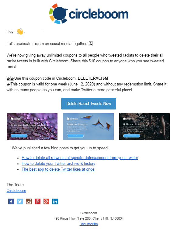 beejereeno's tweet photo. "#DeleteRacism: Unlimited $10 Circleboom coupons"
Guys delete your racist tweets https://t.co/g3AAYuCUxk