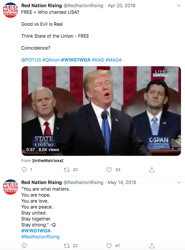 Trump just retweeted Red Nation Rising, an account that's pushed QAnon and known for pushing other falsehoods.  https://twitter.com/AlKapDC/status/1160208789502644226