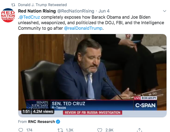 Trump just retweeted Red Nation Rising, an account that's pushed QAnon and known for pushing other falsehoods.  https://twitter.com/AlKapDC/status/1160208789502644226