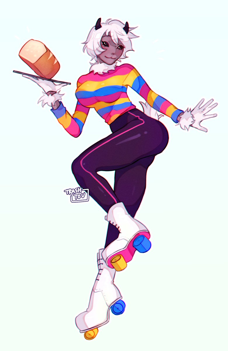 OracleLexie's tweet photo. "Who ordered this bread?" she turned around to look at some customers of the diner she worked at. 

🐑 - amazing comission from @/trashtou , here's Lexie participating in the pride month <3

#PrideOnSkates #HHPrideOnSkates #HazbinHotelOC https://t.co/5QrMu1O4Zs