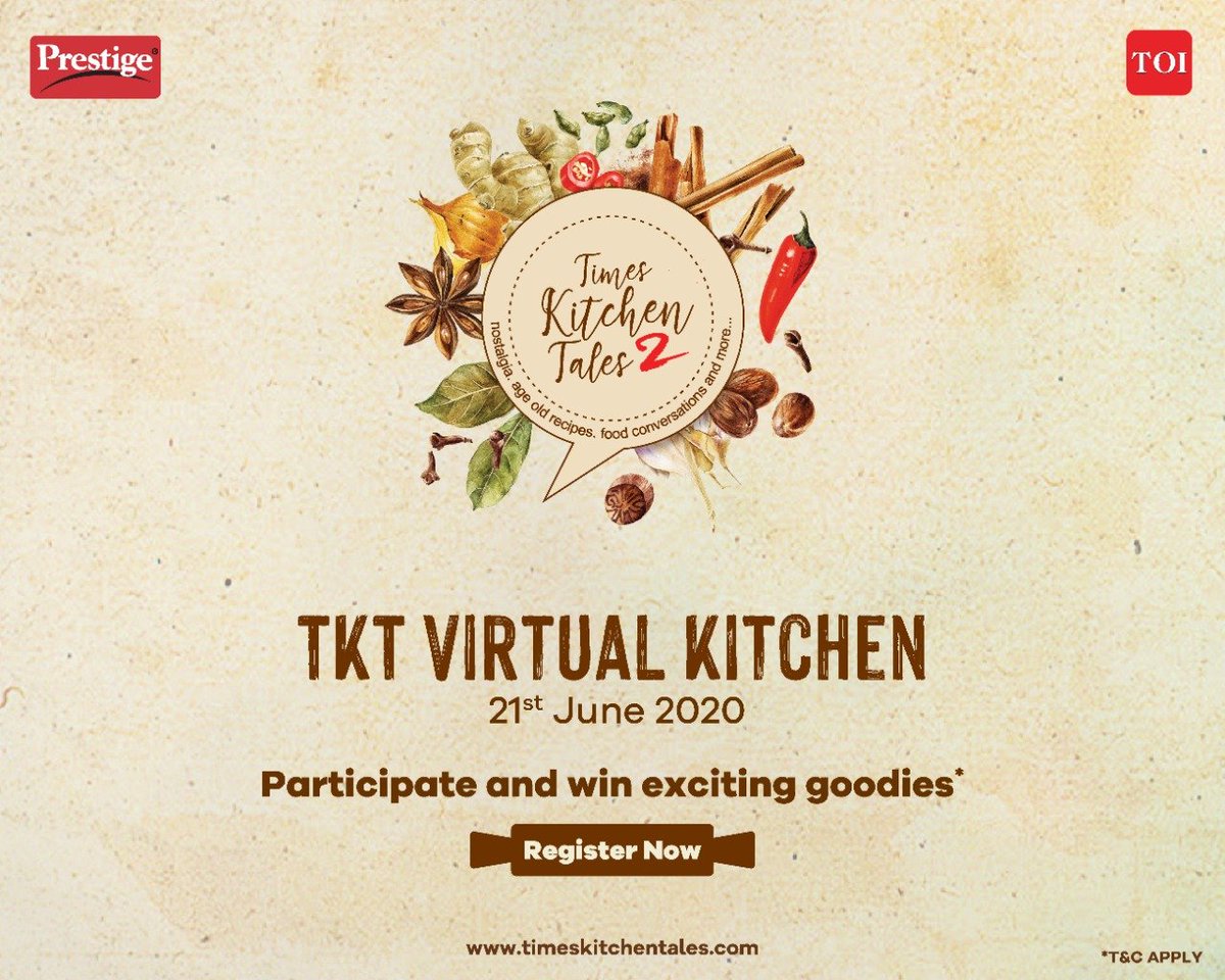 TOIKitchenTales's tweet photo. We are inaugurating our Virtual Kitchen on 21st June. Participate and win goodies.

Register here https://t.co/XOf5xExIb3

#TimesKitchenTales #TKTVirtualKitchen #FoodStories #foodExperiences #MouthwateringRecipes #PrestigeSocial https://t.co/cfpcnzWc2F