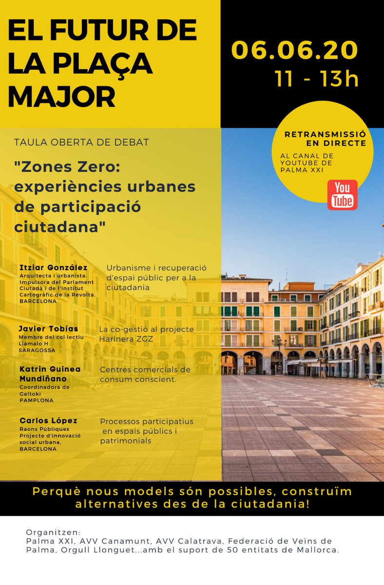 Avui organitzam amb altres entitats aquest trull per parlar amb serietat del tema de la plaça Major de Palma! Perquè veure altres projectes que funcionen i són aplicables a Palma és bona cosa! A les 11h mos hi posam!