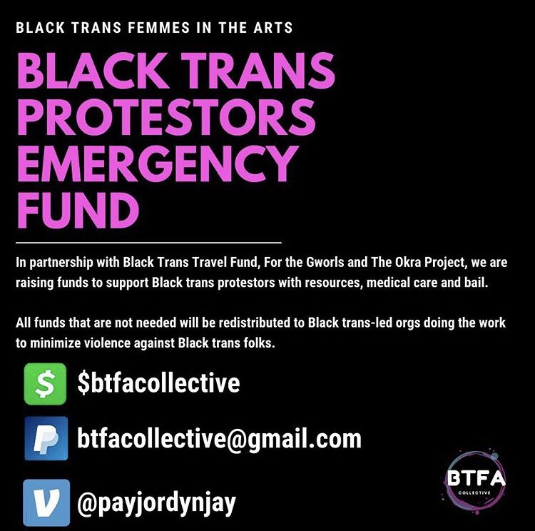 LAearpers's tweet photo. Thank you for your suggestions. I donated $50 to Black Trans Femmes In The Arts (@BTFAcollective) &amp; their Black Trans Protestors Emergency fund. I also donated $50 to Therapy for Black Girls (https://t.co/0O92jNrx1f). Pls keep sharing recs for ppl looking to contribute. https://t.co/FSRfbMkwFY