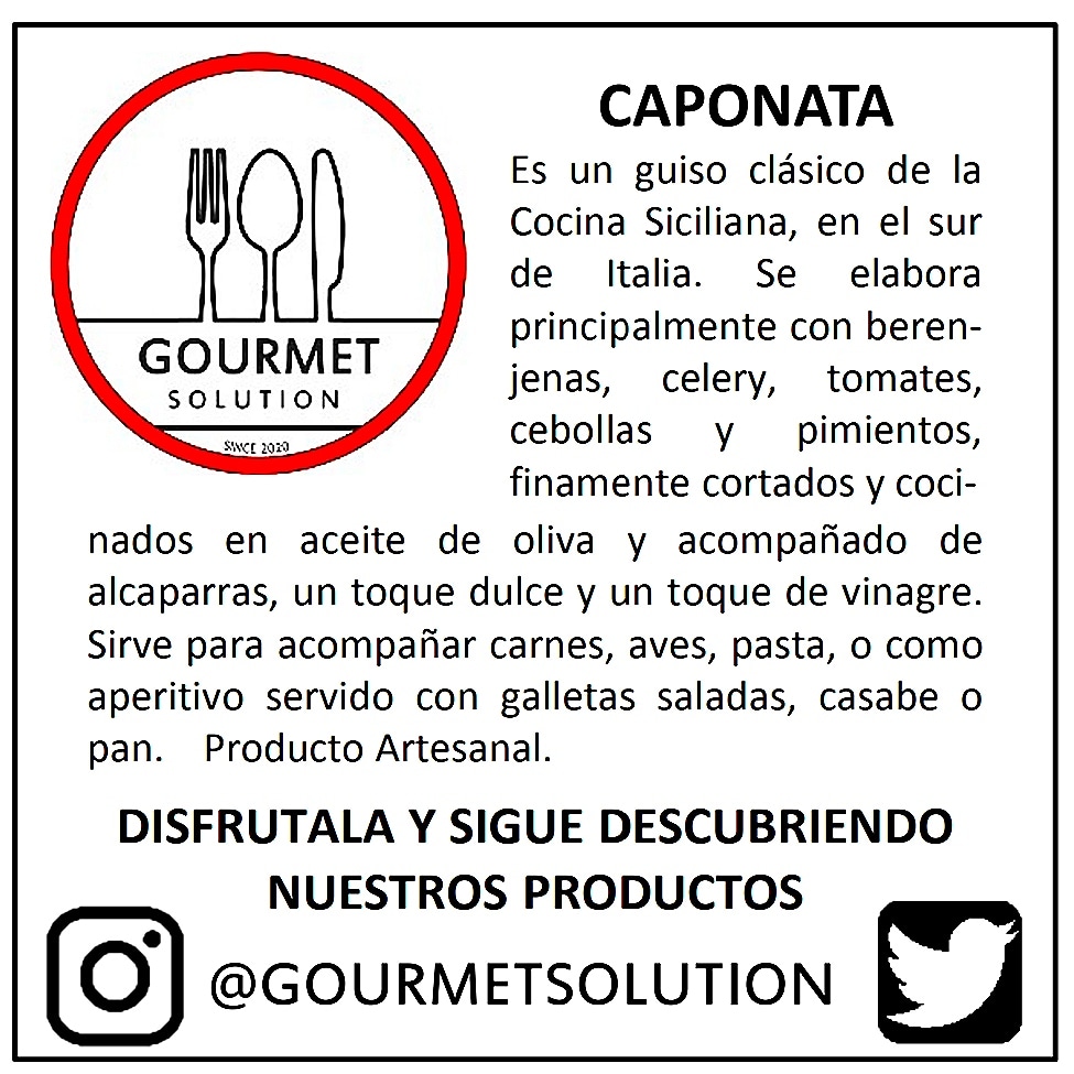 gourmetsolution's tweet image. Caponata artesanal de GOURMET SOLUTION, en presentaciones de 220 gr y 400 gr. Producto 100% natural, sin aditivos ni conservantes. 
Ideal como aperitivo o para darle otro toque a sus comidas. 
GOURMET SOLUTION, dale a tus platos un nuevo nivel!
#gourmet #italianfood  #caponata