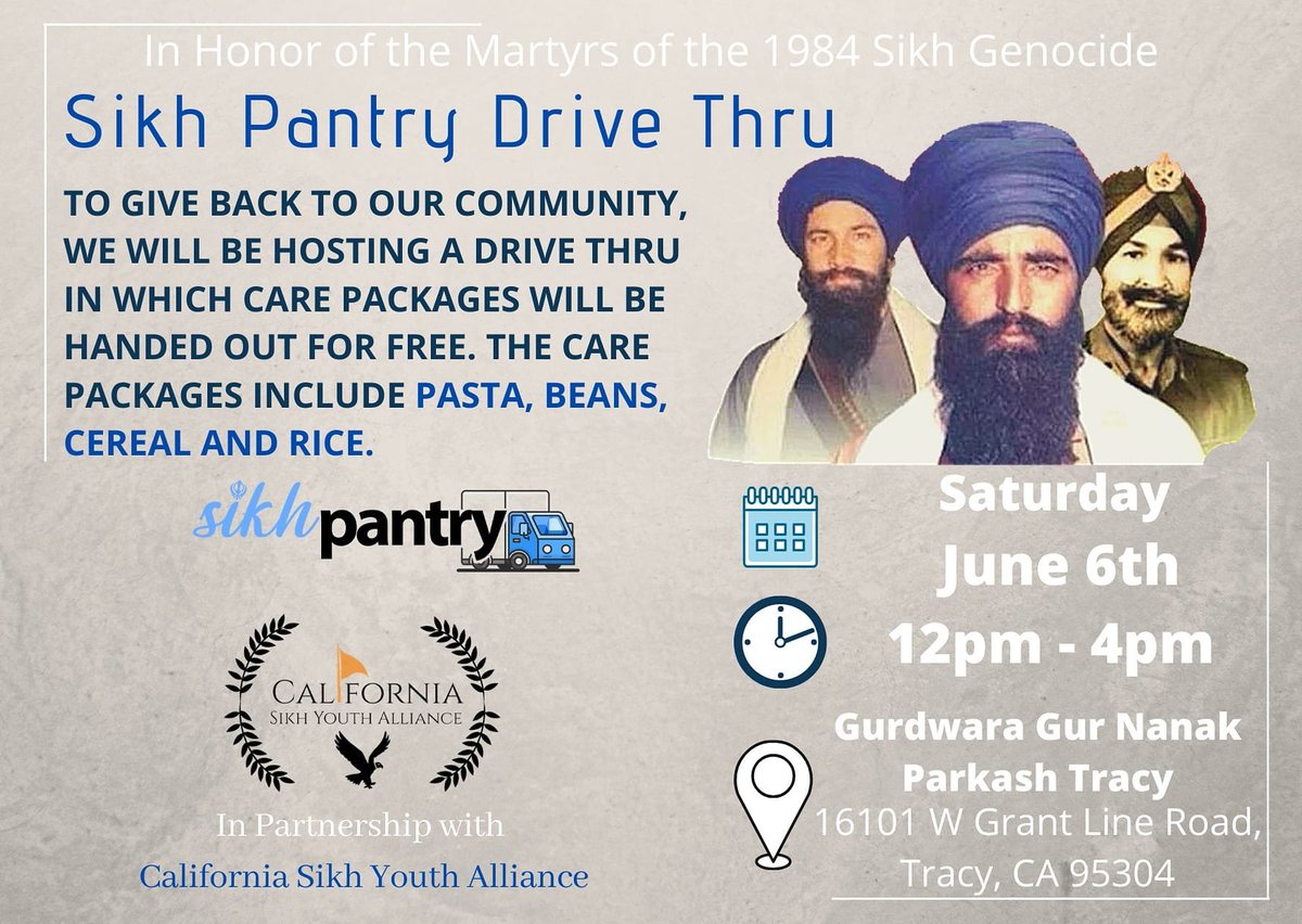 SikhPA's tweet photo. The seva (selfless service) of Sikhs never stops, even as we mark #SikhGenocide84!

Tomorrow (June 6) @SikhPantry, in conjunction with @THE_CSYA &amp; Gurdwara Guru Nanak Parkash, are holding a drive-thru to hand our care packages, including food, from 12pm-4pm in Tracy, California. https://t.co/bgBViO4vV4