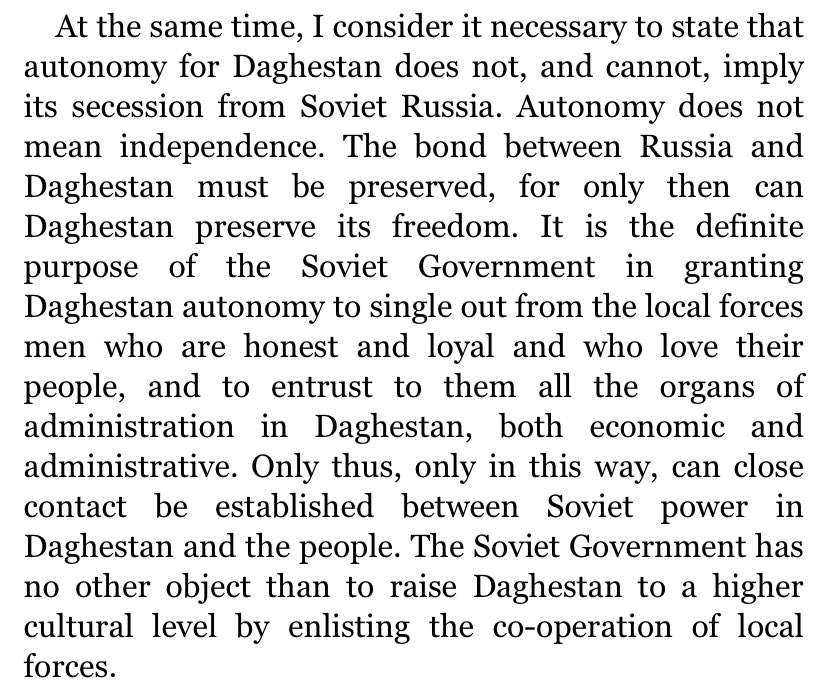 in 1920 at the congress of the peoples of dagestan in temir-khan-shura, stalin said that dagestan could not have independence and secede from russia, as that was the only way for dagestan to be “raised to a higher cultural level” and rescued from “the quagmire of ignorance”.