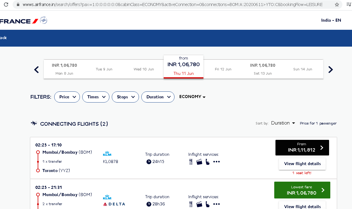 arealrt's tweet photo. #OutboundFlightsFromIndiaNOW,#HelpNRIsReturnTocanada,#ResumeInternationalFlights  -KLM/AirFrance/Delta has flights out of India if you want to get out. I returned to US on one of them. It is for CITIZEN/GC/PERMANENTRESIDENTS ONLY. This booking is for June11. Check it out guys. https://t.co/uC6Ohfj3Fu