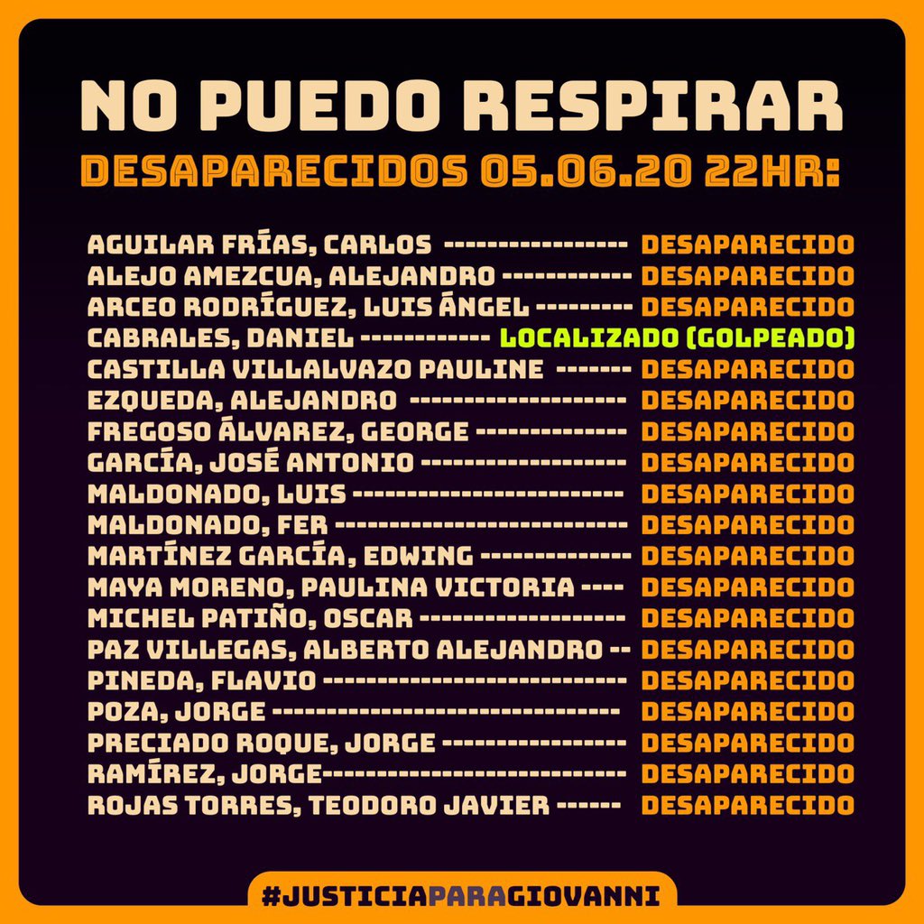 ALERTA: en medio de un clima de represión policiaca y manifestaciones de #JusticiaPorGiovanni en Guadalajara, <a href="/EnriqueAlfaroR/">Enrique Alfaro</a> tiene que responder por la desaparición de decenas de jóvenes #NoPuedoRespirar RT