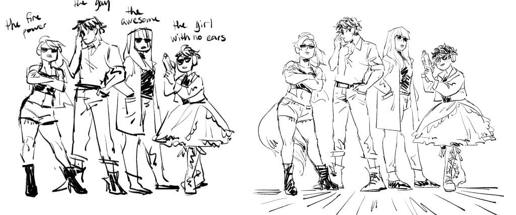 i didnt save the first blocking out step of these ones but the sketches are still fun to compare with the final rendition