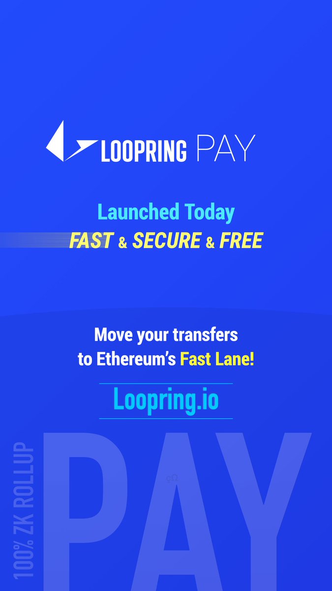loopringorg's tweet photo. We know you're not supposed to launch things on Friday nights, but yolo. Loopring Pay is live. Ethereum zkRollup Payments are here. 

Fast, free, ETH and ERC20 transfers, with the complete self-custodial guarantees of Ethereum. https://t.co/7kOIOTYGAC

https://t.co/myTyD4wmII https://t.co/ocZezlm1iF