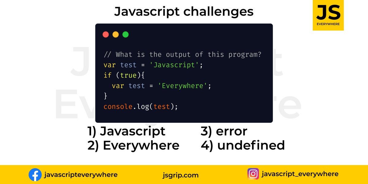 jsgripofficial's tweet photo. What is the output?

website: https://t.co/jugqaQNyal

#javascript #jschallenge #challenges
#angularjs #reactjs #vuejs #js #jquery #developer
#wfh #question #answer #learningtogether #javascripteverywhere
#basicjs #job #frontend #tips #trick #webdeveloper https://t.co/DkqTReCl4L