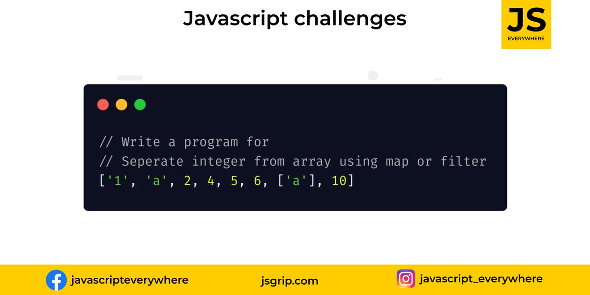jsgripofficial's tweet photo. What is the output?
website: https://t.co/jugqaQNyal
#javascript #jschallenge #challenges
#angularjs #reactjs #vuejs #js #jquery #developer
#wfh #question #answer #learningtogether #javascripteverywhere
#basicjs #job #frontend #tips #trick #webdeveloper https://t.co/YcbIwfxRQ4