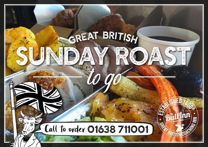 🇬🇧🇬🇧GREAT BRITISH SUNDAY ROAST 🇬🇧🇬🇧

T A K E  A W A Y 
Contactless collection and payment. 
Our normal amazing roast - but this time its served piping hot into boxes for you to take home and enjoy! 
Pre order now 01638 711001 or use messenger. 
bullinn-bartonmills.com/fresh-food-pub…