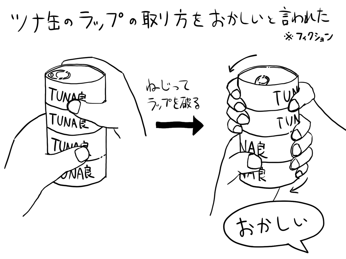 「ツナ缶のラップの取り方がおかしいと言われた」という漫画です 