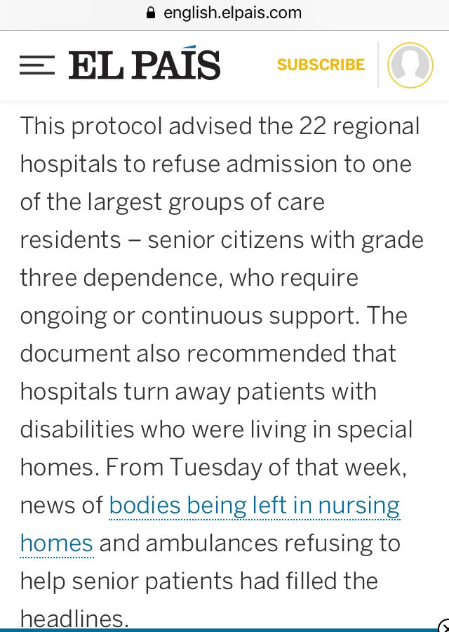 Spain again 6 June report on discriminatory protocol that went into play:  https://english.elpais.com/society/2020-06-05/madrid-chief-warned-against-refusing-hospital-admission-to-care-home-residents-they-will-die-in-undignified-conditions.html