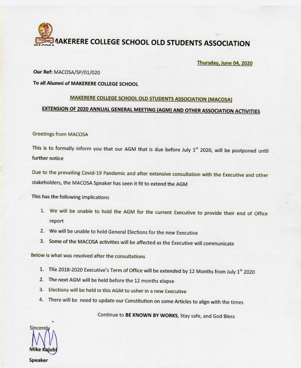 Communication from the Speaker of Macosa in regards to the Upcoming AGM.