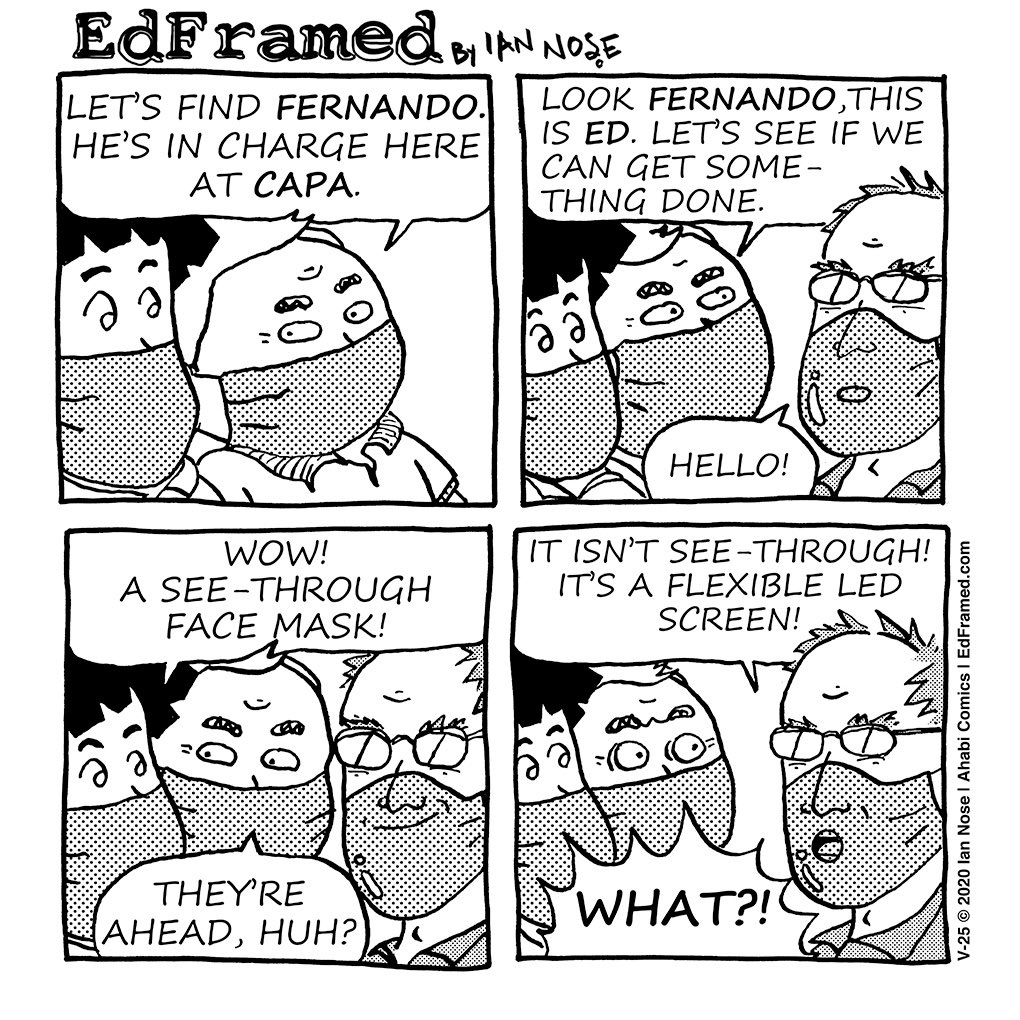 IanNose's tweet photo. 2020-V-25
#edframed #comicstrip #dailycartoon #instacomic  #英語 #漫画 #コミック #4コマ漫画 #stayhomecomic #euskomik #cartoon #webcomic #webcomics #quarentineart #quarentinedays #madrid #spain #artistlife #artistsoninstagram #DrArt  #facemask #flexibleled @CapaEscultura https://t.co/El2pD2pCpf