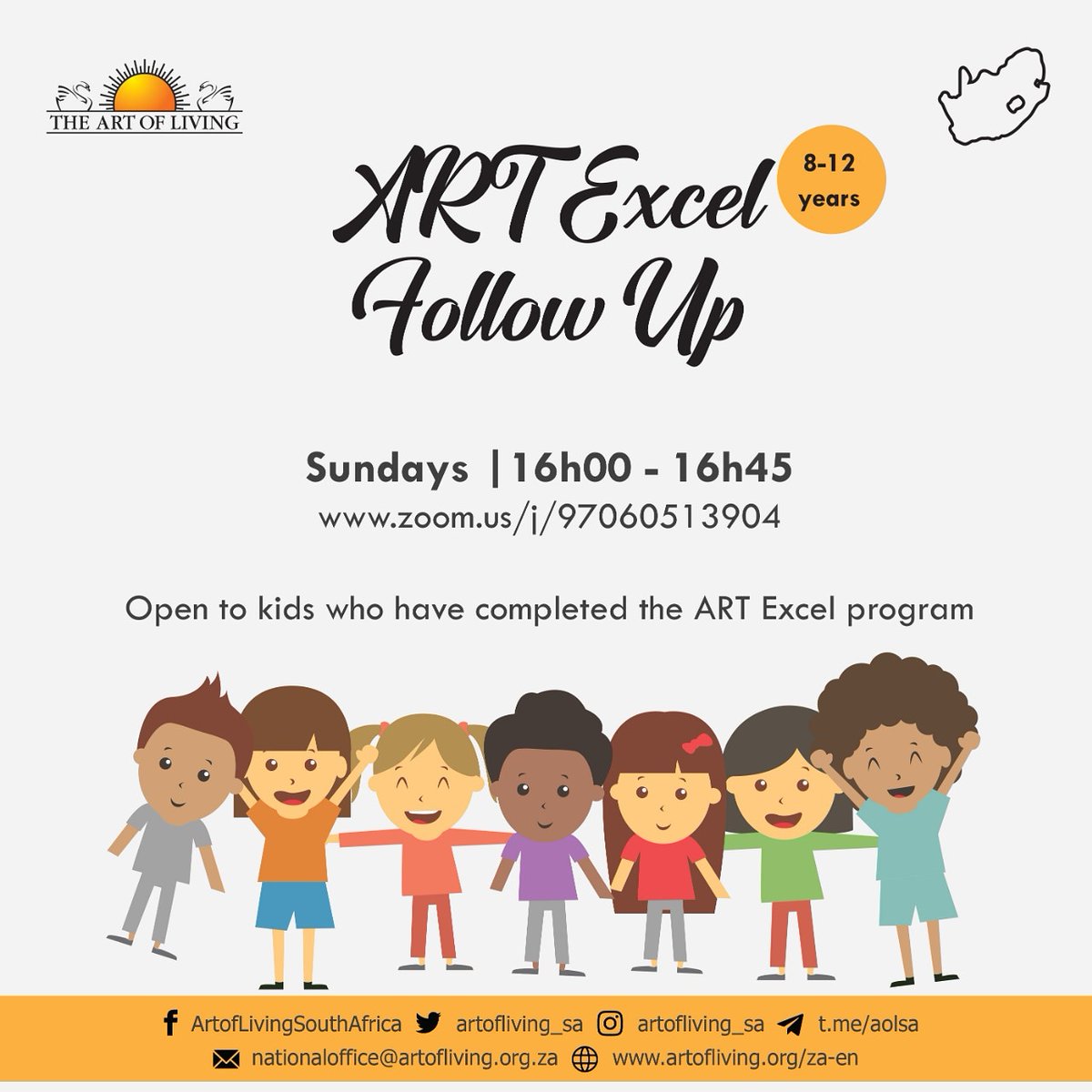 A reminder that the ART Excel follow-up is tomorrow at 16h00 for kids aged 8-12 years, who have completed the ART Excel Program 😉

#artoflivingkids #kidsonline #kidsyoga #lifeskills