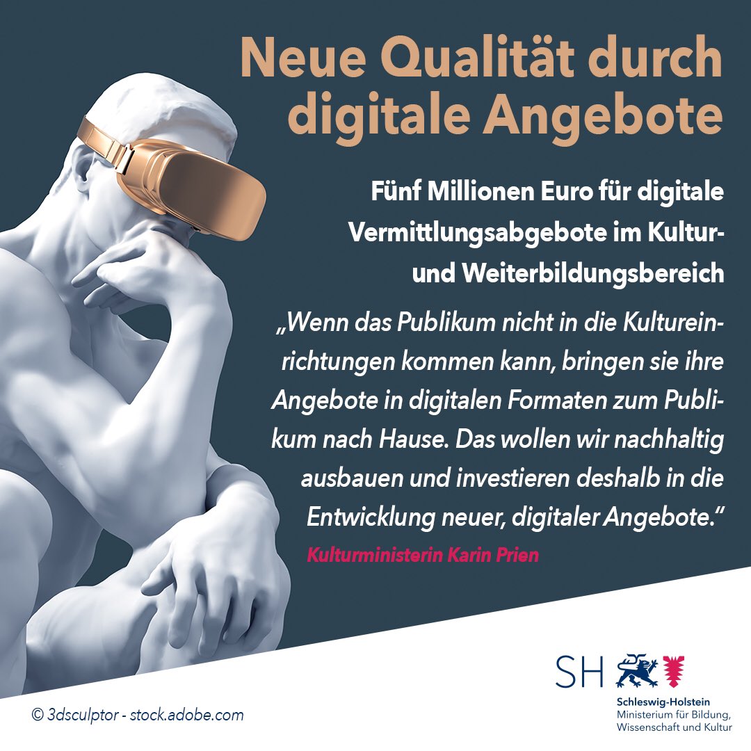 Bildungsministerium Schleswig-Holstein (@bildung_sh) on Twitter photo Neue Formate und Produkte für die digitale Verbreitung von Kunst, Kultur und Weiterbildung im <a href="/Land_SH/">Schleswig-Holstein</a>. Ab sofort können sich Einrichtungen um Fördermittel bewerben. Das 33 Mio € Unterstützungspaket enthält 5 Mio € für digitale Angebote. #kulturSH
—> bit.ly/2AHqbYj Neue Formate und Produkte für die digitale Verbreitung von Kunst, Kultur und Weiterbildung im <a href="/Land_SH/">Schleswig-Holstein</a>. Ab sofort können sich Einrichtungen um Fördermittel bewerben. Das 33 Mio € Unterstützungspaket enthält 5 Mio € für digitale Angebote. #kulturSH
—> bit.ly/2AHqbYj