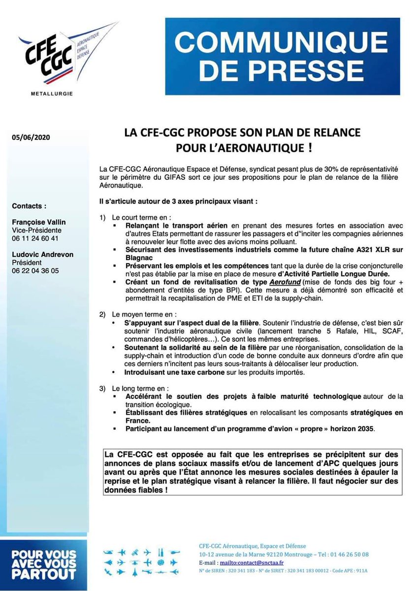 #Aéronautique #Espace #Défense
Les propositions de la #CFE-CGC AED pour relancer de la filière Aéronautique...
