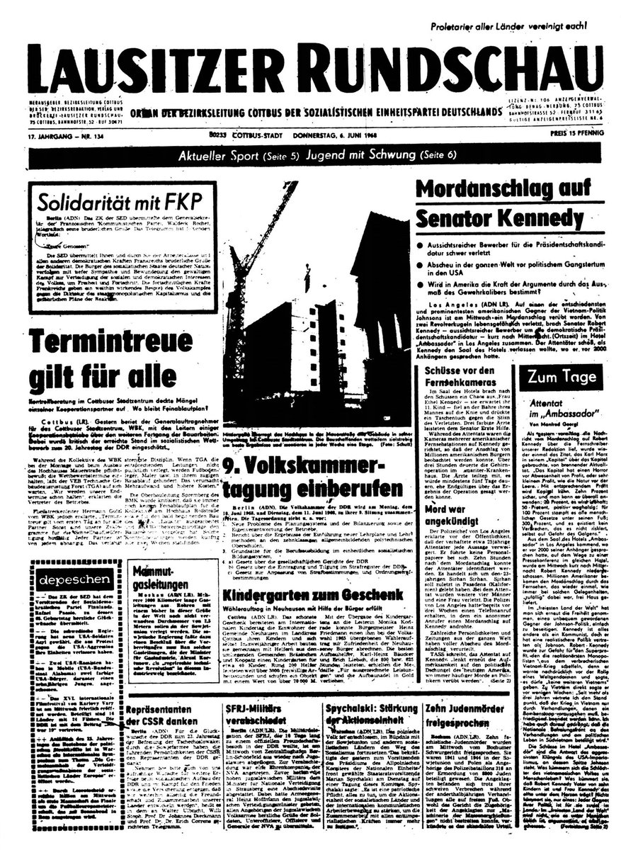 Der Mord an John F. Kennedy ist weltbekannt. Doch auch sein Bruder Robert Kennedy  fiel heute vor 52 Jahren, einem Attentat zum Opfer. Darüber berichtete auch die Lausitzer Rundschau.  #vor52Jahren #Kennedy #StadtarchivCB #history #newspaper #Mord