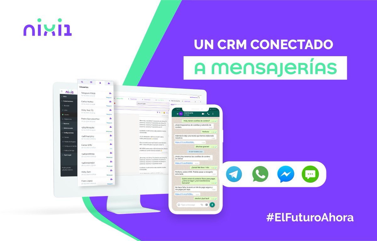 nixi1 es el CRM conectado a mensajerías como Telegram, Facebook Messenger, SMS y WhatsApp que integra todas tus conversaciones en un único panel.