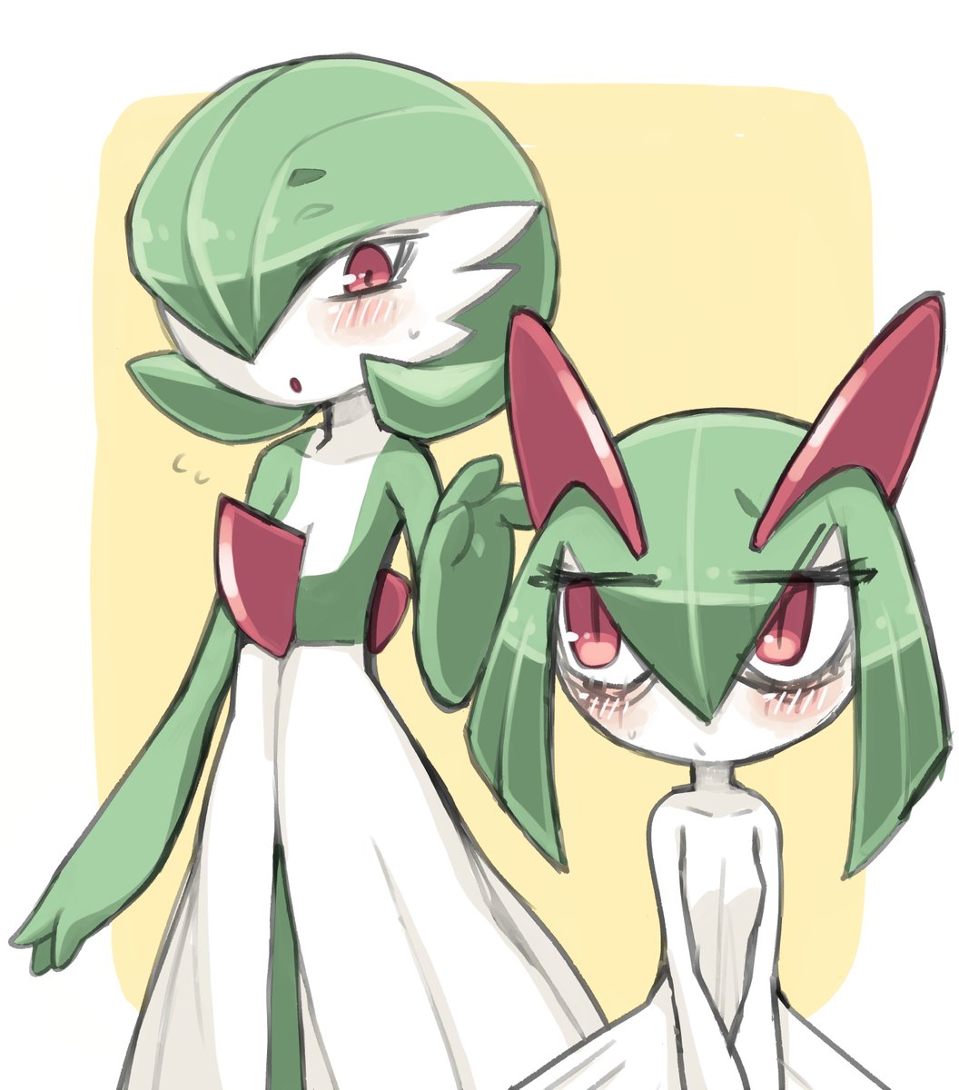 gardevoir ,kirlia pokemon (creature) blush red eyes green hair 2girls multiple girls white skin  illustration images