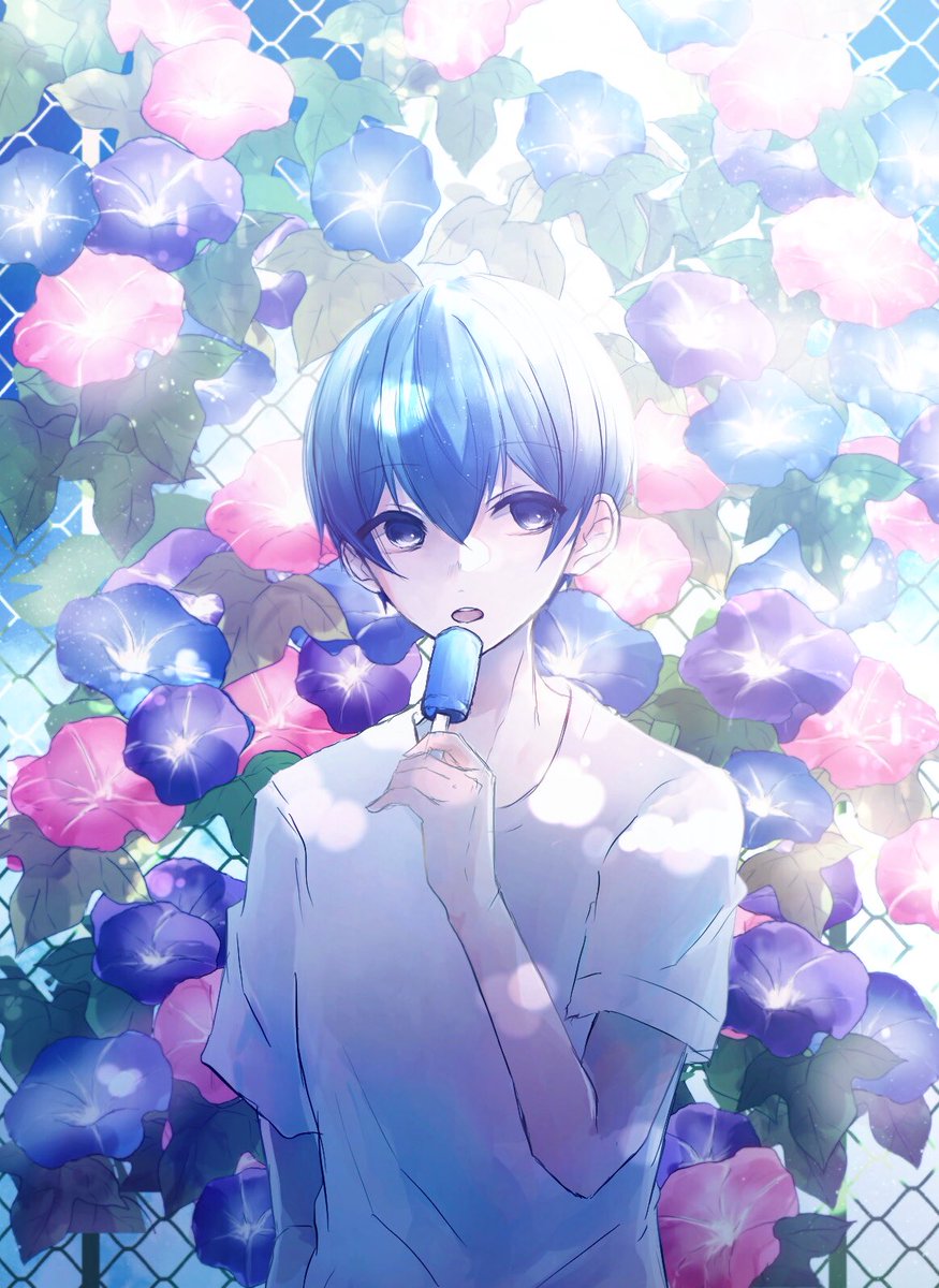 1boy popsicle food morning glory male focus flower blue flower  illustration images