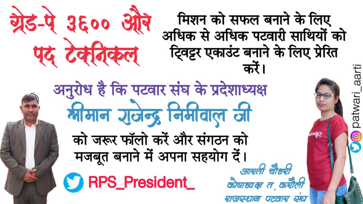 मिशन #Grade_Pay_3600 को सफल बनाने के लिए इस बार पटवारी बल दिखाना होगा। जय पटवार संघ।
 इस ट्वीट को जितना हो सके रिट्वीट करें व अन्य पटवारी साथियों से भी ट्विट्टर एकाउंट  बनवाएं।
संघ के प्रदेशाध्यक्ष " श्री राजेन्द्र निमिवाल जी" को फॉलो अवश्य करवाएं।
<a href="/RPS_President_/">RAJENDER KUMAR</a> <a href="/patwari_aarti/">𝐀𝐚𝐫𝐭𝐢 𝐂𝐡𝐨𝐮𝐝𝐡𝐚𝐫𝐲 , 𝙿𝚊𝚝𝚠𝚊𝚛𝚒</a>
