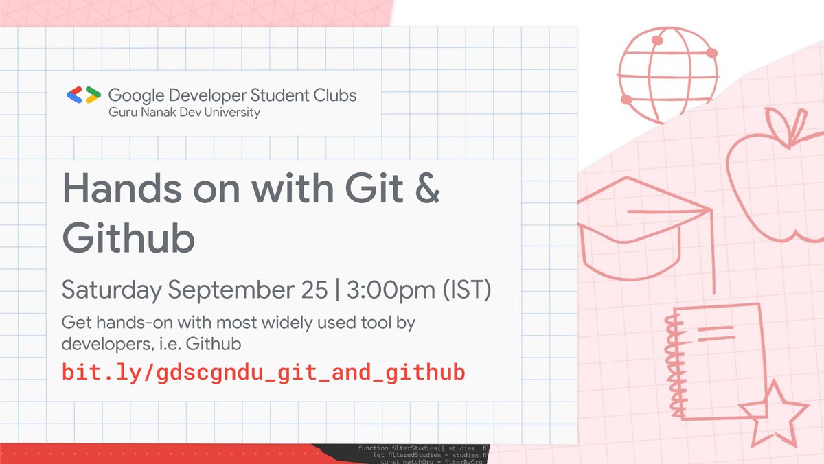 GDSC GNDU came with the interactive/hands-on session on git and GitHub for complete beginners.

RSVP to attend the event:
bit.ly/gdscgndu_git_a…

🗓️ 25 September, 2021
🕒 3:00 pm IST