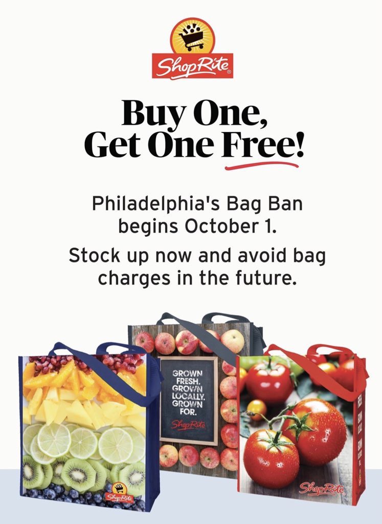 Make sure you are ready for the Philadelphia Bag Ban on OCTOBER 1ST! We will no longer be able to offer non-reusable plastic bags. We are having a special offer on our reusable bags this week- 2 for $.99, so come by and stock up. ($10 purchase required)