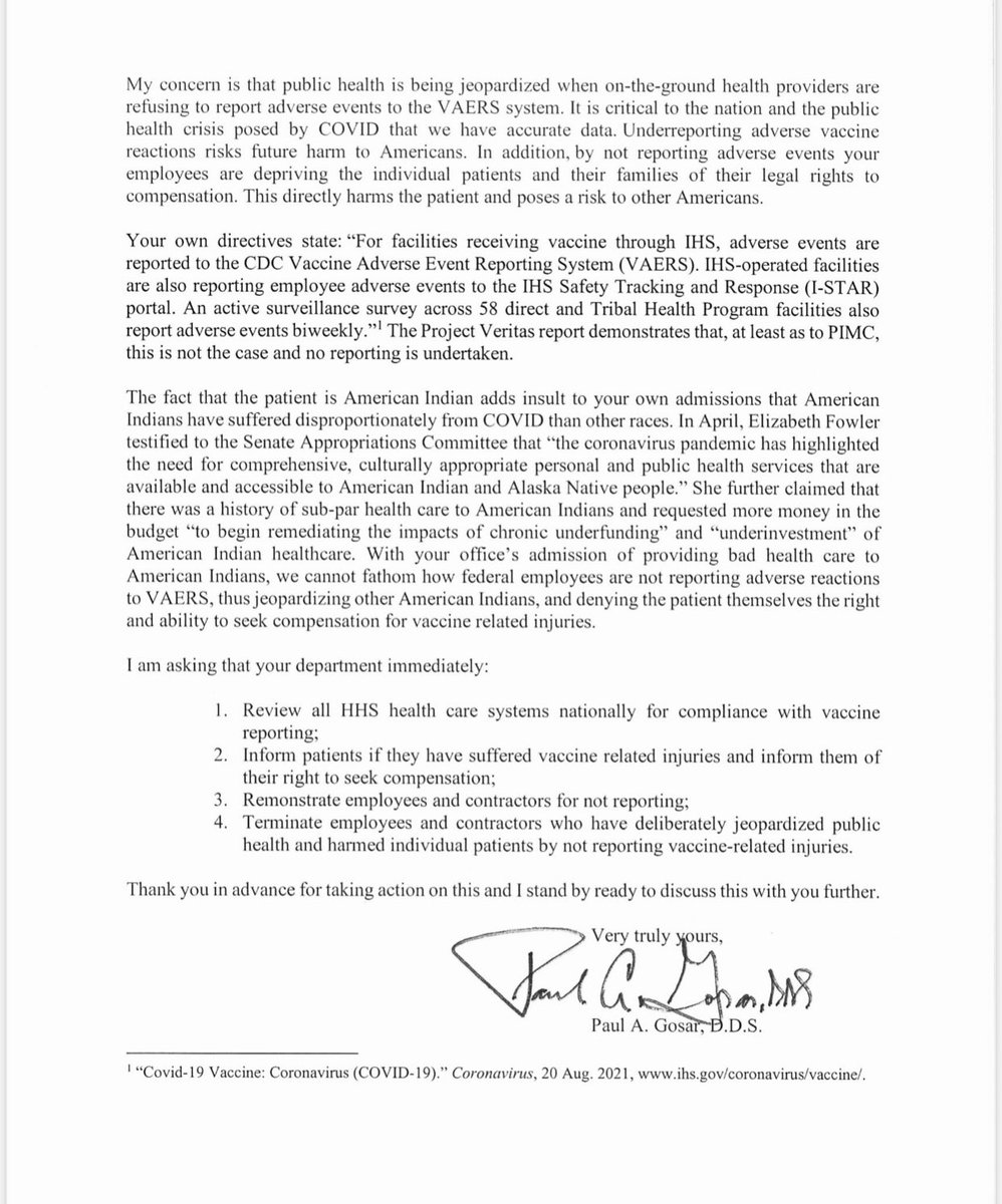 DrPaulGosar's tweet photo. The investigation and whistleblower testimony obtained by Project Veritas regarding the non-reporting of vaccine injuries as required by federal law is astounding.  I sent this letter to @HHSGov today for answers. https://t.co/RqUjturGVI