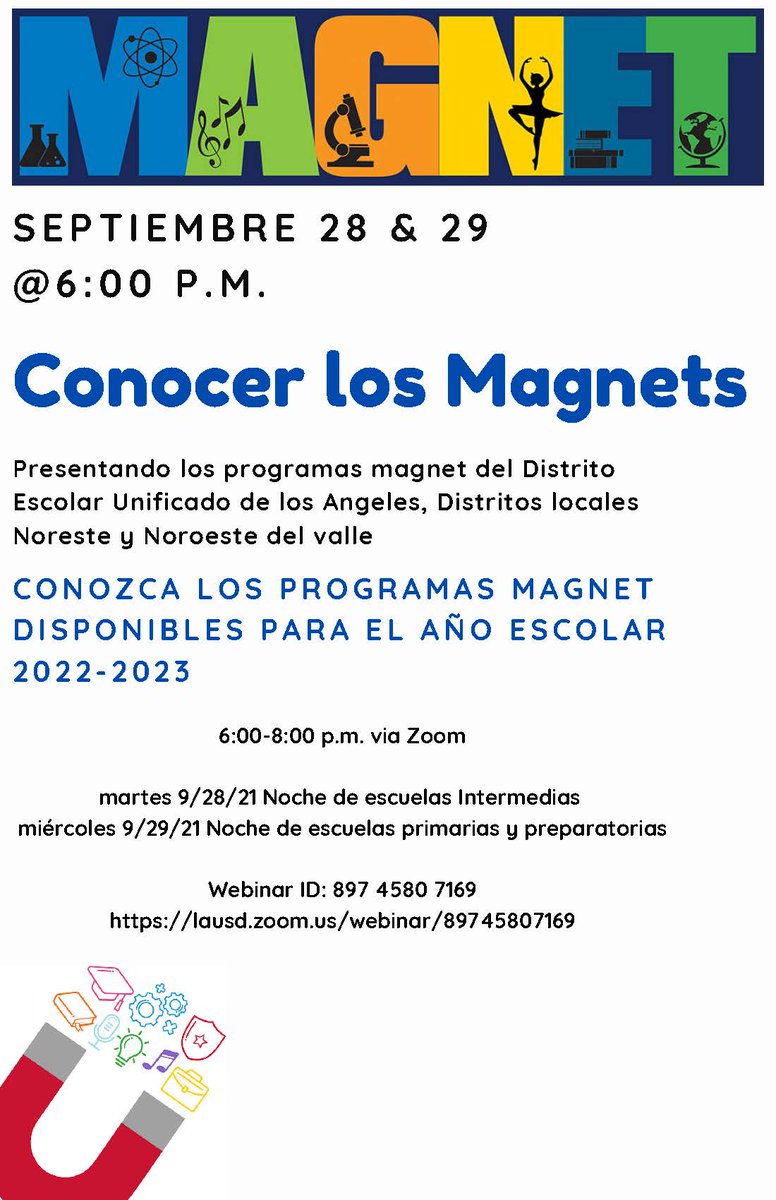 MEET THE VALLEY MAGNETS SEPTEMBER 28 & 29 at 6:00-8:00 P.M. via Zoom Featuring the @LASchools NE and NW Valley Magnet Programs Tuesday, 9/28 Middle School Evening Wednesday, 9/29 Elementary and High School Evening buff.ly/39wVtQ0 #LAUSDMagnets
