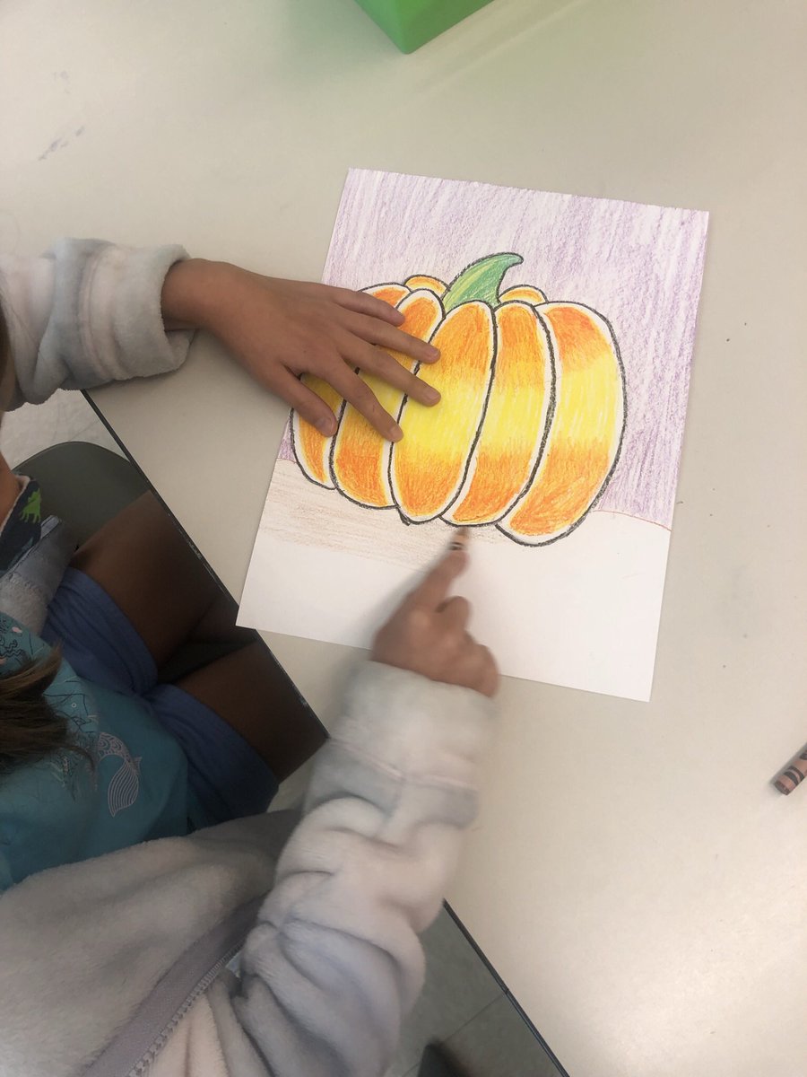 5th grade students are absolutely rocking their fall pumpkins. They’re layering using crayons to show value representing light and shade.