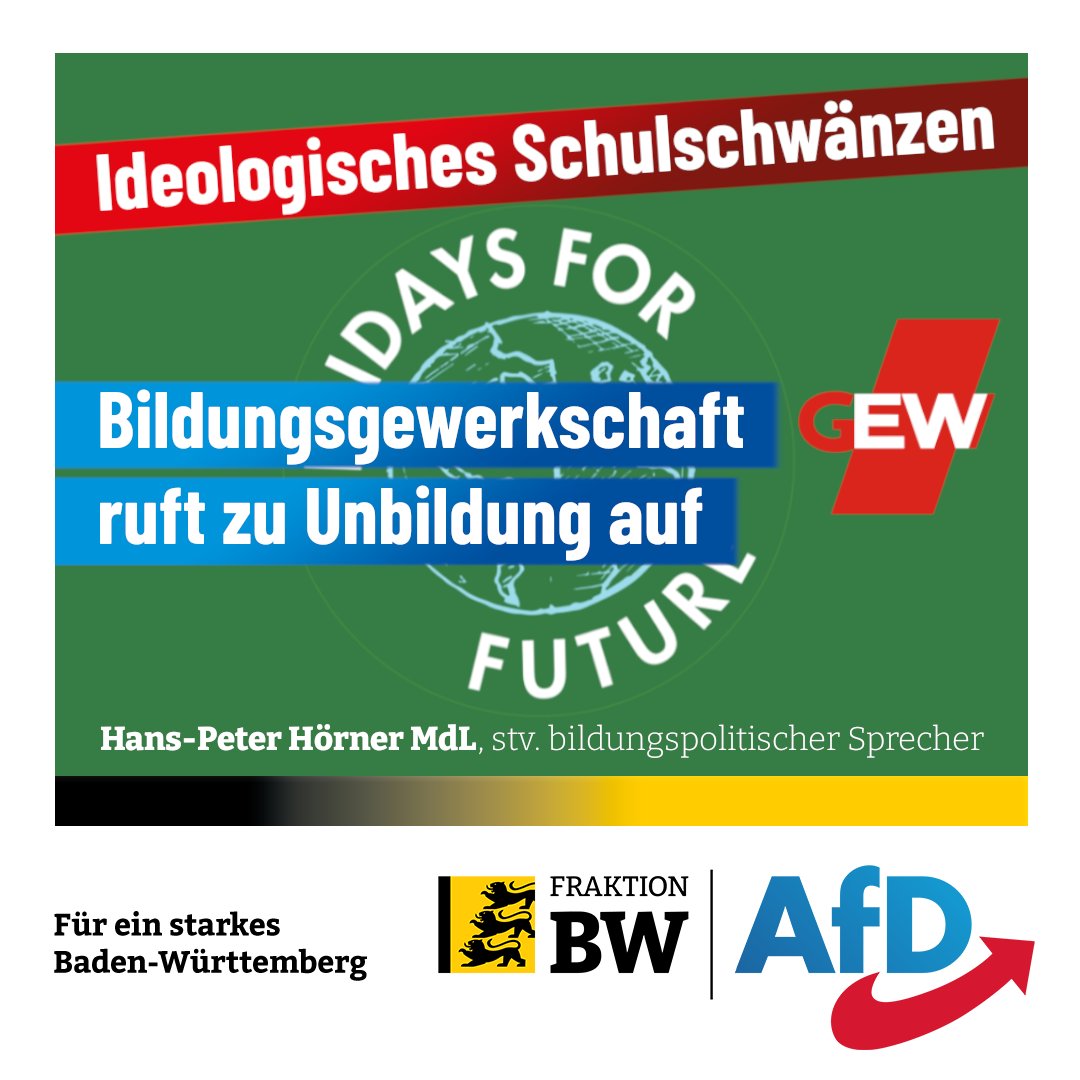 Ideologisches #Schulschwänzen: #Bildungsgewerkschaft @gew_bund ruft zu #Unbildung auf!
GEW hat die Schulleitungen aufgefordert, Schülern die Teilnahme an #FFF-#Demonstrationen zu ermöglichen, und erwartet, dass die Landesregierung die Aktionen unterstützt.
afd-fraktion-bw.de/aktuelles/4077/