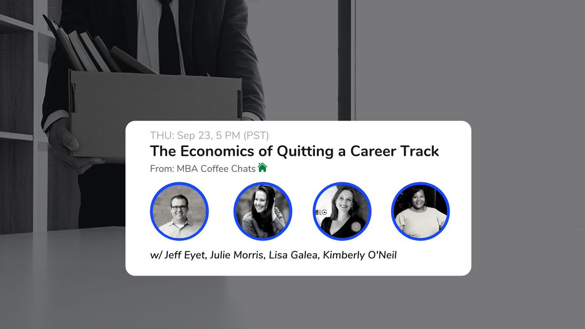 MBAChats's tweet photo. Are you considering quitting your #career track? ⚠️ You can’t afford to stay!

🚀Join us in our #Clubhouse session "The Economics of Quitting a Career Track" with @thelisagalea, @juliemichellemo &amp; Kimberly O'Neil at 5 PM PST 👉 https://t.co/RP2evDrmEp

#entrepreneurship https://t.co/uMpmWvs9ZR